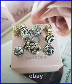 PANDORA 14ct GOLD & SILVER SNAKE CHAIN BRACELET WITH 7 CHARMS +SAFETY CHAIN