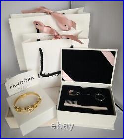 PANDORA 14k GOLD REFLEXIONS MESH BRACELET 17cm +5 CHARMS, SAFETY CHAIN AND MORE