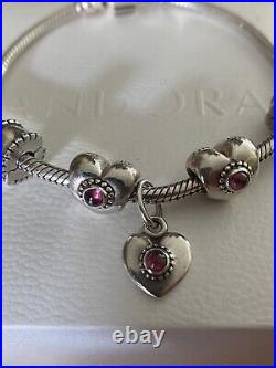 PANDORA 19cm Bracelet, 2 Rhodolite Hearts, 1 Rhodolite Pendant Charm & 2 Clips