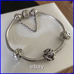 PANDORA 19cm Silver Bracelet, Heart Charm, Safety Chain & 2 Row Of Hearts Clips