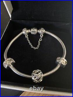 PANDORA 19cm Silver Bracelet, Heart Charm, Safety Chain & 2 Row Of Hearts Clips