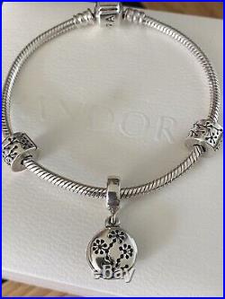 PANDORA 19cm Silver Bracelet, Lucerne Cancer Awareness Pendant Charm & 2 Clips