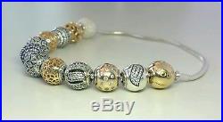 PANDORA Essence Silver & 14k Gold Clasp Bracelet 8.3 596003-21 & 11 Charms