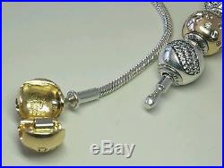 PANDORA Essence Silver & 14k Gold Clasp Bracelet 8.3 596003-21 & 11 Charms