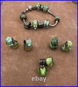 PANDORA STERLING SILVER GREEN beads BARREL CLASP CHARM BRACELET