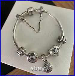 PANDORA Silver 18cm Bracelet, 3 Pandora Charms, 2 Pandora Clips & Safety Chain