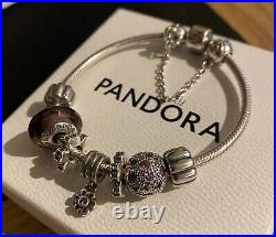 PANDORA Silver 18cm Bracelet, 4 Pandora Charms, 3 Pandora Clips & Safety Chain