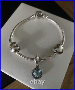 PANDORA Silver 18cm Bracelet, Pandora Blue Topaz Cool Breeze Charm & Heart Clips