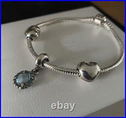 PANDORA Silver 18cm Bracelet, Pandora Blue Topaz Cool Breeze Charm & Heart Clips