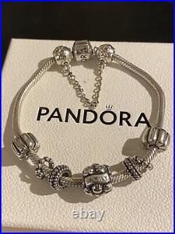 PANDORA Silver 19cm Bracelet, 2 Clips, 4 x Spacers, Family Love Charm & safety