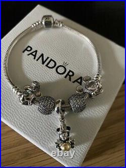 PANDORA Silver 19cm Bracelet, 5 Pandora Charms Incl 3 New Pandora Disney Mickey