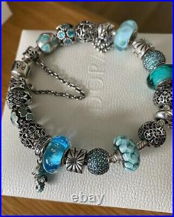 PANDORA Silver 20cm Bracelet, 17 Pandora Charms, 2 Clips. Teal/turquoise Theme