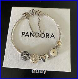 PANDORA Silver 20cm Bracelet, 5 Silver & 14ct Gold Charms & Safety Chain Rrp £455