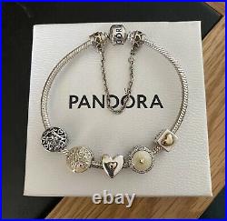 PANDORA Silver 20cm Bracelet, 5 Silver & 14ct Gold Charms & Safety Chain Rrp £455