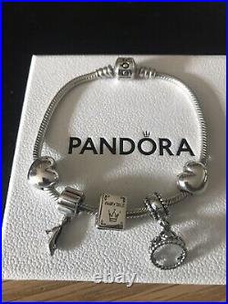 PANDORA Silver Moments 20cm Bracelet, 3 Pandora Fairytale Charms & Heart Clips