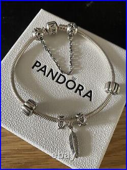 PANDORA Silver Moments 20cm Bracelet, Feather Charm, 2 X Ribbed Clips, 2 Spacers