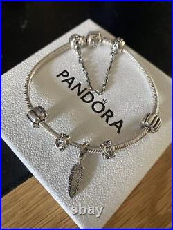 PANDORA Silver Moments 20cm Bracelet, Feather Charm, 2 X Ribbed Clips, 2 Spacers