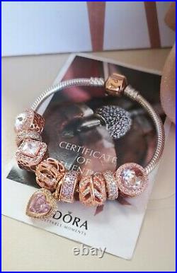 Pandora 14k Rose Gold & Silver Snake Chain Bracelet+9 Charms. Ale Met/ale R