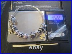 Pandora 925 ALE Silver bangle & 11 charms Disney, New York Apple, Crown, Angel