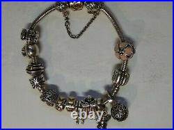 Pandora 925 Sterling Silver Bracelet 14K Gold Clasp W Safety Chain 13 CHARMS