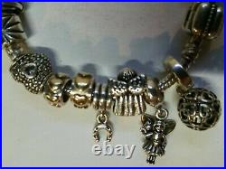 Pandora 925 Sterling Silver Bracelet 14K Gold Clasp W Safety Chain 13 CHARMS