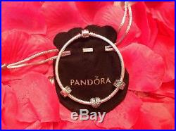 Pandora Barrel Clasp Bracelet w 2 Clips and Charm Love and Hearts Collection