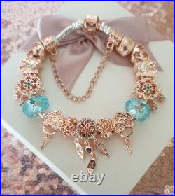 Pandora Bracelet Rose gold Clasp & Rose Gold Charms + Pandora Box. 19 cms long Pandora Bracelet Rose gold Clasp & Rose Gold Charms + Pandora Box. 19 cms long