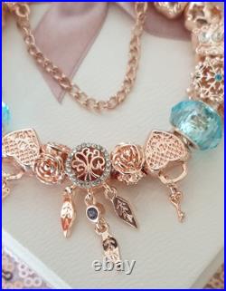 Pandora Bracelet Rose gold Clasp & Rose Gold Charms + Pandora Box. 19 cms long Pandora Bracelet Rose gold Clasp & Rose Gold Charms + Pandora Box. 19 cms long