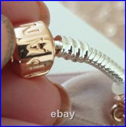 Pandora Bracelet Rose gold Clasp & Rose Gold Charms + Pandora Box. 19 cms long Pandora Bracelet Rose gold Clasp & Rose Gold Charms + Pandora Box. 19 cms long
