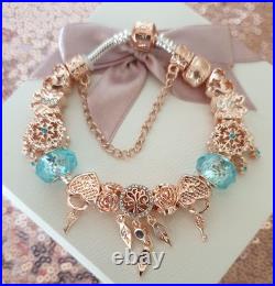 Pandora Bracelet Rose gold Clasp & Rose Gold Charms + Pandora Box. 19 cms long Pandora Bracelet Rose gold Clasp & Rose Gold Charms + Pandora Box. 19 cms long