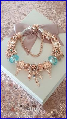 Pandora Bracelet Rose gold Clasp & Rose Gold Charms + Pandora Box. 19 cms long Pandora Bracelet Rose gold Clasp & Rose Gold Charms + Pandora Box. 19 cms long
