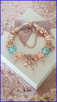 Pandora Bracelet Rose gold Clasp & Rose Gold Charms + Pandora Box. 19 cms long Pandora Bracelet Rose gold Clasp & Rose Gold Charms + Pandora Box. 19 cms long