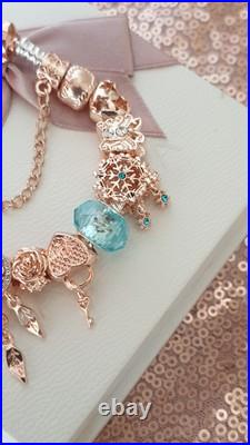 Pandora Bracelet Rose gold Clasp & Rose Gold Charms + Pandora Box. 19 cms long Pandora Bracelet Rose gold Clasp & Rose Gold Charms + Pandora Box. 19 cms long