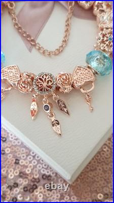 Pandora Bracelet Rose gold Clasp & Rose Gold Charms + Pandora Box. 19 cms long Pandora Bracelet Rose gold Clasp & Rose Gold Charms + Pandora Box. 19 cms long