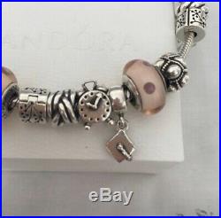 Pandora Bracelet With Charms Rare Breast Cancer Clips Pink 19cm COLLECTION ONLY