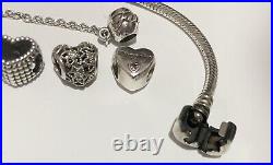Pandora Moments Snake Chain Bracelet, Silver, 7 charms, and safety chain