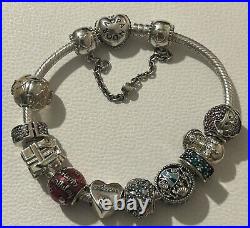 Pandora Moments Sparkling Heart Bracelet with 10 Charms Birthday Flower Sister