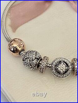 Pandora Rose Gold Clasp Bracelet With 5 Charms And Two Clips