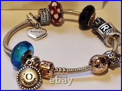 Pandora Silver 925 Snake Charm Bracelet + 24 Charms Beads + Rose Gold pl Clasps