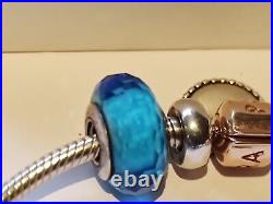 Pandora Silver 925 Snake Charm Bracelet + 24 Charms Beads + Rose Gold pl Clasps