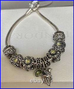 Pandora Silver Bracelet 19cm With Heart Clasp And Peridot Charms
