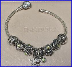 Pandora Silver Bracelet 19cm With Heart Clasp And Peridot Charms