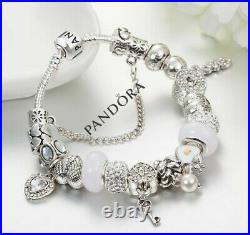 Pandora Silver Bracelet with Love Heart European Charms Size M 20cm