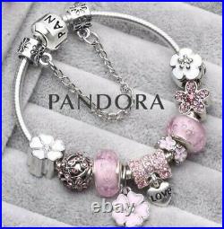 Pandora Silver Bracelet with Pink Love Heart Flower European Charms Size M 20CM