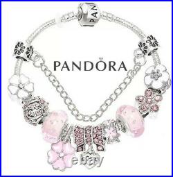 Pandora Silver Bracelet with Pink Love Heart Flower European Charms Size M 20CM