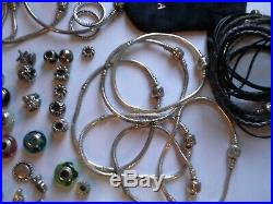 Pandora Sterling Silver 43 Charms, 11 sterling Bracelet, Necklace Lot 350 Grams