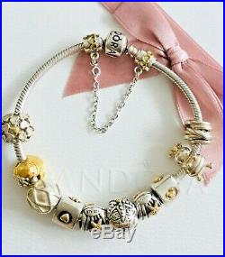 Pandora Sterling Silver Bracelet, + 10 Charms + Safety Chain + Box