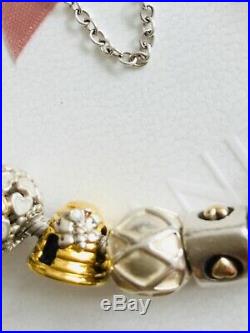 Pandora Sterling Silver Bracelet, + 10 Charms + Safety Chain + Box