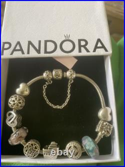 Pandora Sterling Silver Bracelet with Authentic Pandora Charms with Box 18cm