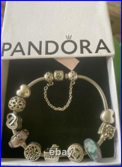 Pandora Sterling Silver Bracelet with Authentic Pandora Charms with Box 18cm